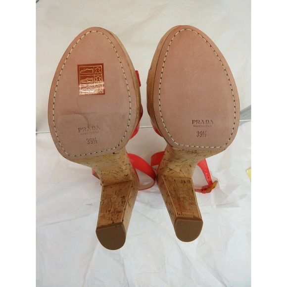 NIB PRADA 1Z648D CORAL PINK PATENT LEATHER SLINGBACK CORK SANDALS PUMPS 39.5 - Picture 11 of 12